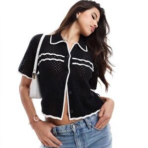 Abercrombie & Fitch Black Crochet Polo Top